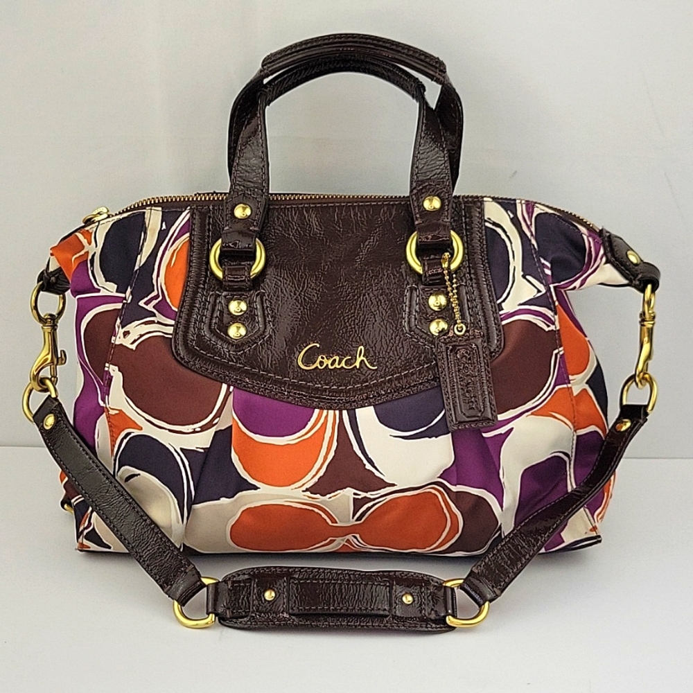 Coach Ashley Scarf Print Satchel Brown, Orange, Purple